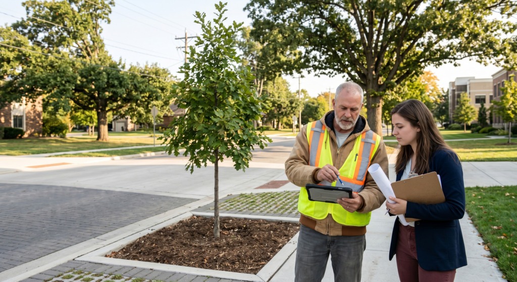 Arborist Evaluation | On-Site & Remote Consultation 6 Arborist Evaluation | On-Site & Remote Consultation Arborist reviewing tree permit requirements with property representatives