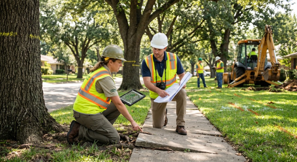 Standards and Methodologies content 15 Standards and Methodologies content Arborists inspecting sidewalk displacement and exposed tree roots during a root-related infrastructure evaluation.