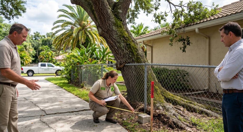 Arborist Evaluation | On-Site & Remote Consultation 4 Arborist Evaluation | On-Site & Remote Consultation Arborist inspecting conditions along a neighboring property line